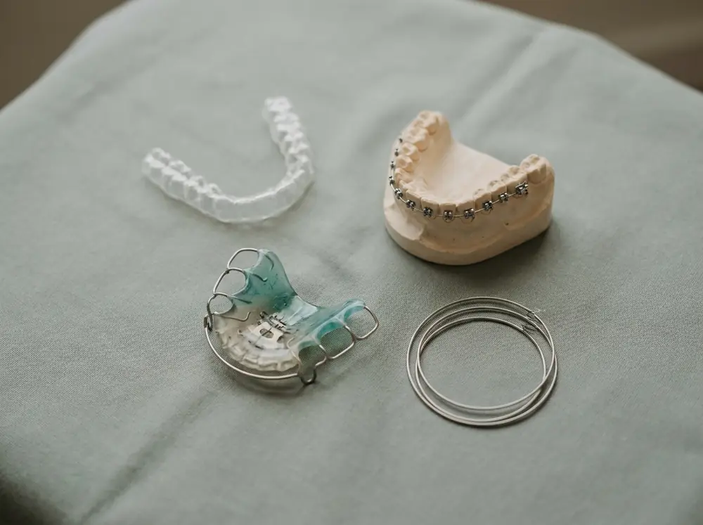 Aligner, lose Platte, Bracketmodell und Retainer von oben