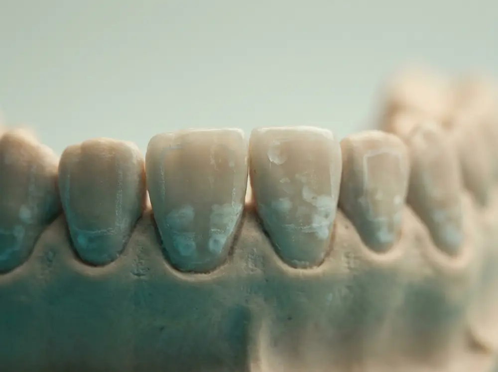 Wei&szlig;e Entkalkungsflecken in Bracketform auf den Frontz&auml;hnen