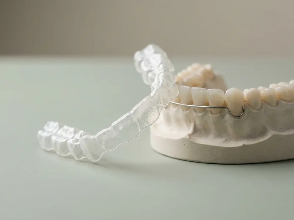 Retainerschiene neben einem Modell mit geklebtem Retainerdraht